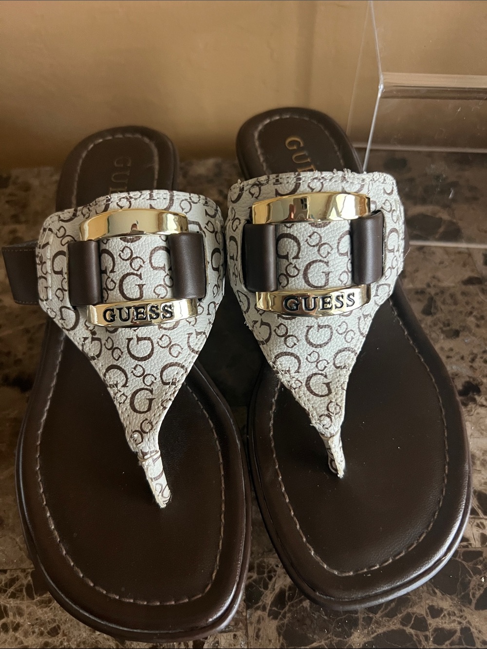 GUESS Brown and White Logo Thong Sandals with Gold Buckle